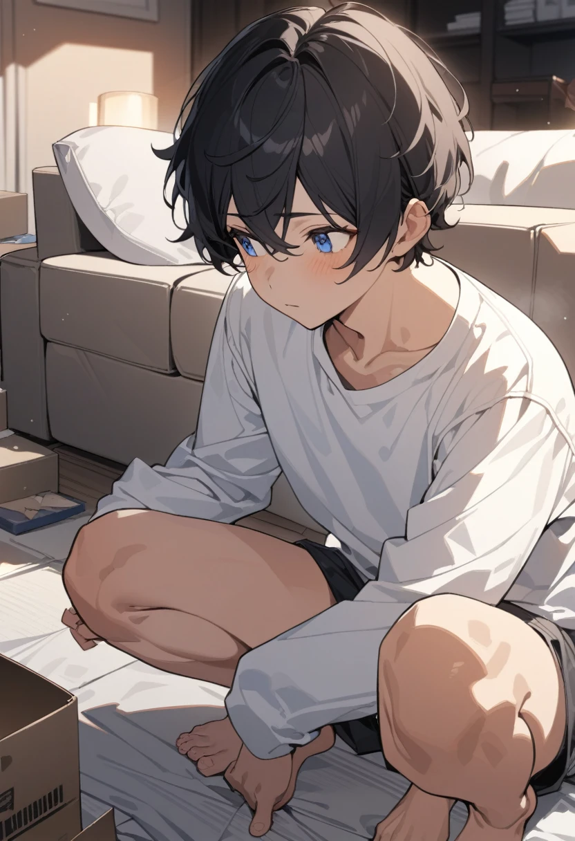 Elementary school student Slightly chubby belly Wearing transparent briefs Lying on the bed Legs apart Extremely sexy Thin legs Boy Boy Shorter upper body