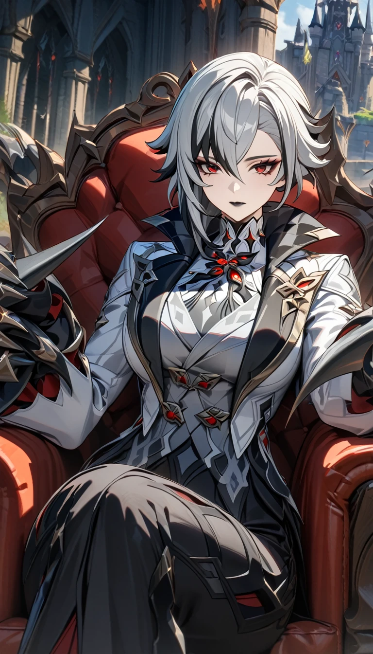 Adult woman, short gray hair, spike hair, red eyes, black eyeshadow, black lipstick, white aristocrat jacket, black tigh pants, large breasts, muscles, claws, castle, sitting on armchair, Arlechino from Genshin Impact, Masterpiece, best quality, Full HD, 8k, ultra details, great graphic