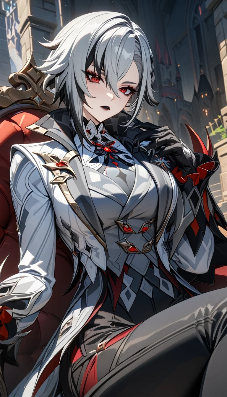 Adult woman, short gray hair, spike hair, red eyes, black eyeshadow, black lipstick, white aristocrat jacket, black tigh pants, large breasts, muscles, claws, castle, sitting on armchair, Arlechino from Genshin Impact, Masterpiece, best quality, Full HD, 8k, ultra details, great graphic