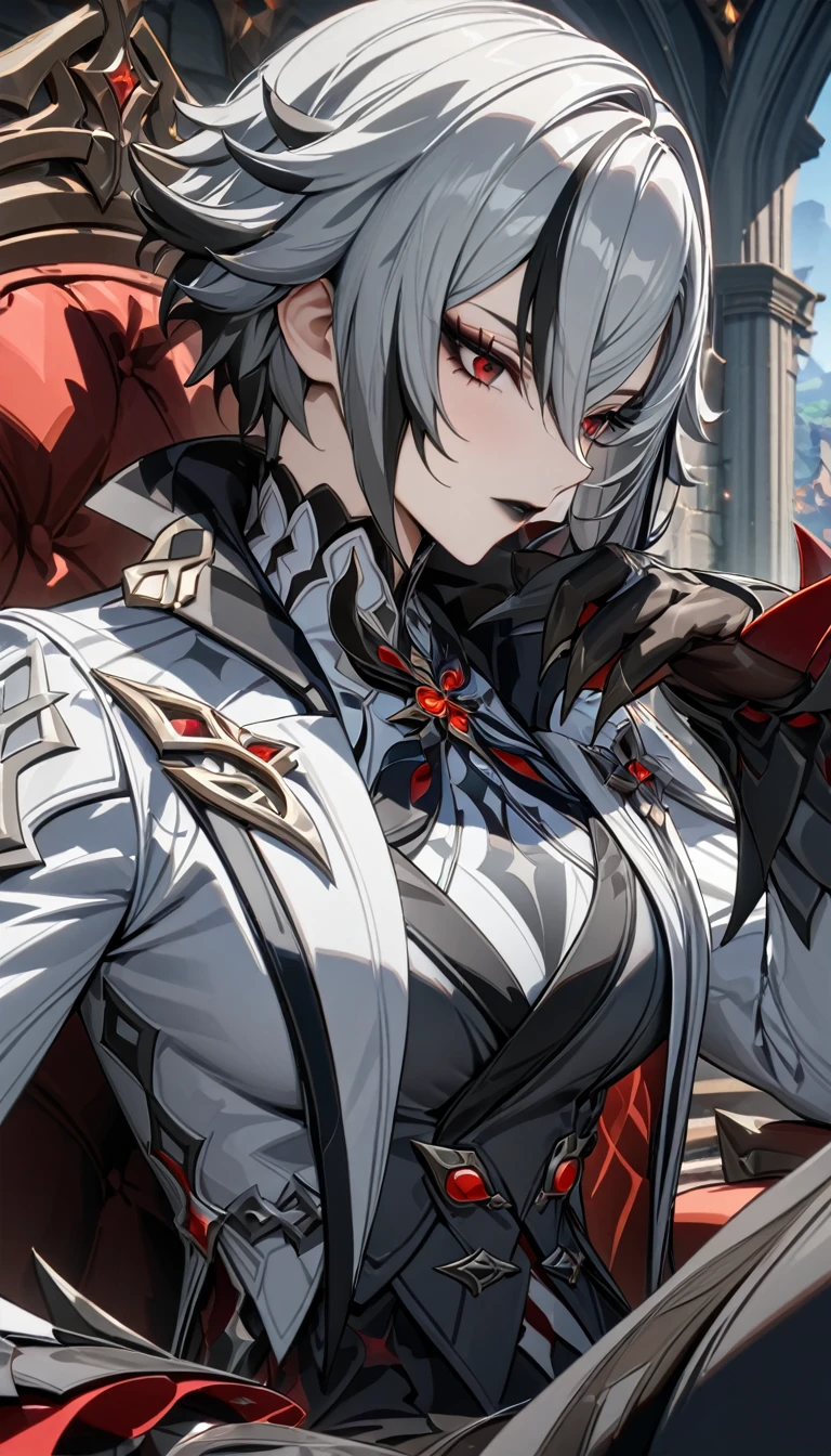 Adult woman, short gray hair, spike hair, red eyes, black eyeshadow, black lipstick, white aristocrat jacket, black tigh pants, large breasts, muscles, claws, castle, sitting on armchair, Arlechino from Genshin Impact, Masterpiece, best quality, Full HD, 8k, ultra details, great graphic