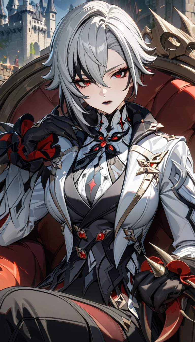 Adult woman, short gray hair, spike hair, red eyes, black eyeshadow, black lipstick, white aristocrat jacket, black tigh pants, large breasts, muscles, claws, castle, sitting on armchair, Arlechino from Genshin Impact, Masterpiece, best quality, Full HD, 8k, ultra details, great graphic