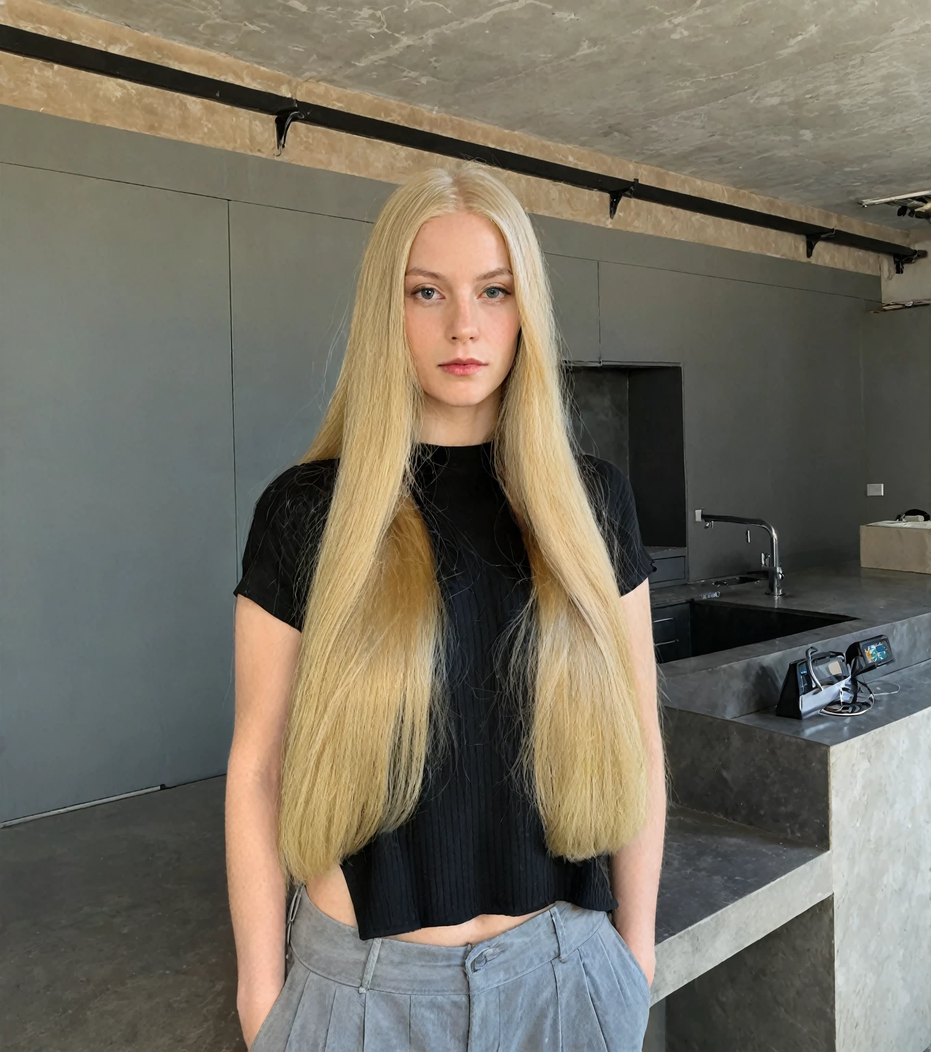 blond woman with long hair standing in a room with a counter, with long blonde hair, extremely long and thick blonde hair, with long hair, Her hair is long and straight., with very long blonde hair, but long blonde and straight, dark long blond hair, by the absurdly wide red, long blond hair oscuro, girl with super long hair, long blond hair