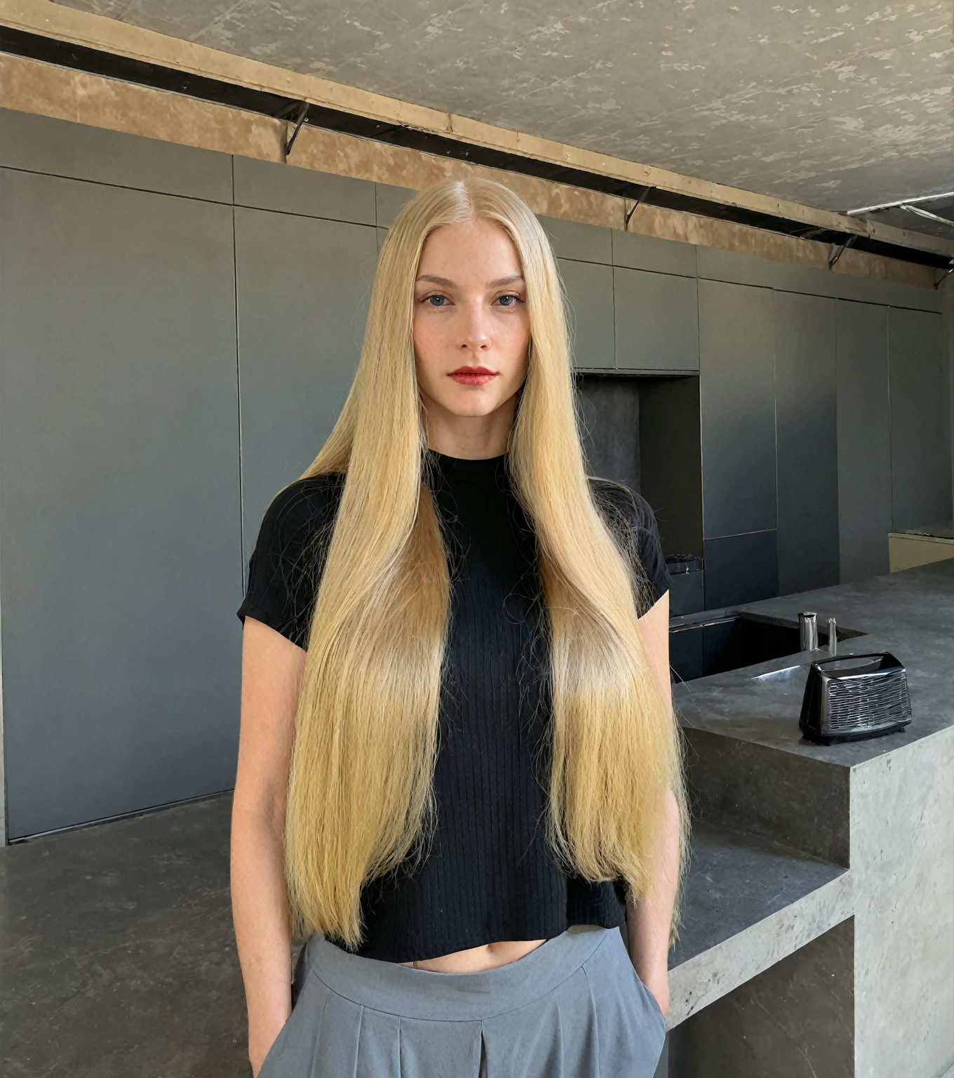 blond woman with long hair standing in a room with a counter, with long blonde hair, extremely long and thick blonde hair, with long hair, Her hair is long and straight., with very long blonde hair, but long blonde and straight, dark long blond hair, by the absurdly wide red, long blond hair oscuro, girl with super long hair, long blond hair