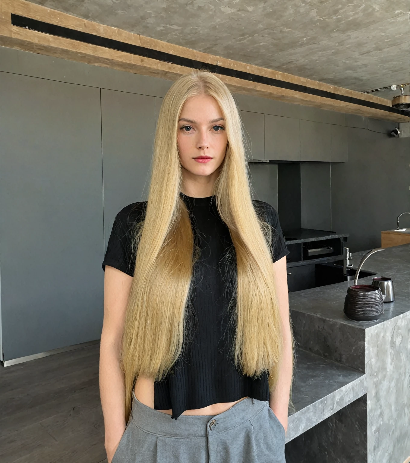 blond woman with long hair standing in a room with a counter, with long blonde hair, extremely long and thick blonde hair, with long hair, Her hair is long and straight., with very long blonde hair, but long blonde and straight, dark long blond hair, by the absurdly wide red, long blond hair oscuro, girl with super long hair, long blond hair