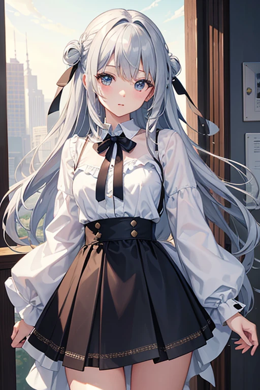 masterpiece, Highest quality, High resolution，Follow the on-screen instructions、Anime Style、Follow the prompts、One Girl、Long silver hair、、Open the front of the dresini skirt、