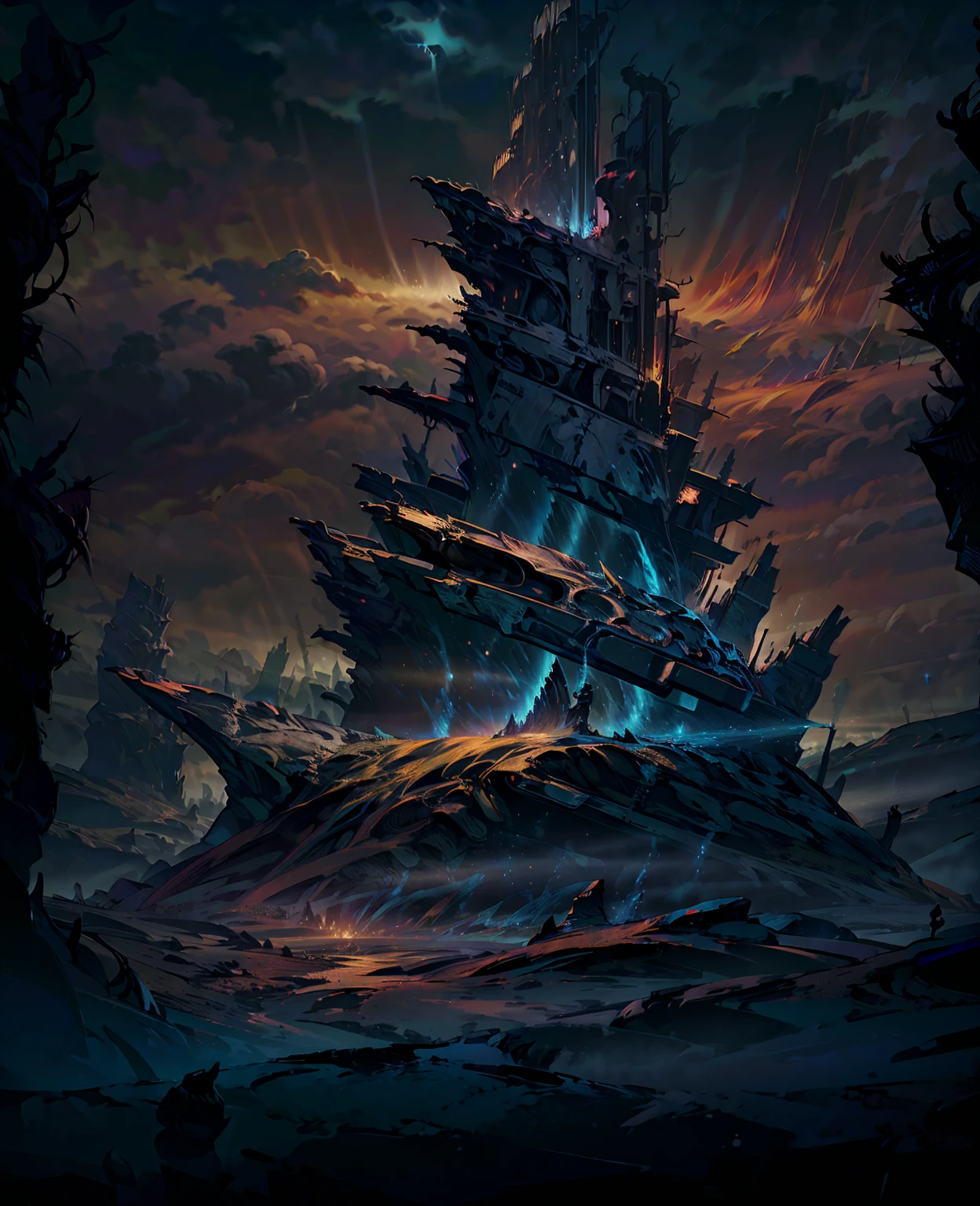 dark fantasy world, dark fantasy landscape, dark fantasy art, dark fantasy digital art, dark fantasy illustration, fantasy castle, haunted forest, dark trees, dark clouds, gloomy atmosphere, dramatic lighting, mist, fog, moody colors, deep shadows, gothic architecture, crumbling ruins, mysterious portal, fantasy creatures, dark magic, glowing magic effects, highly detailed, cinematic composition, epic scale, 8k, photorealistic, digital painting, concept art style