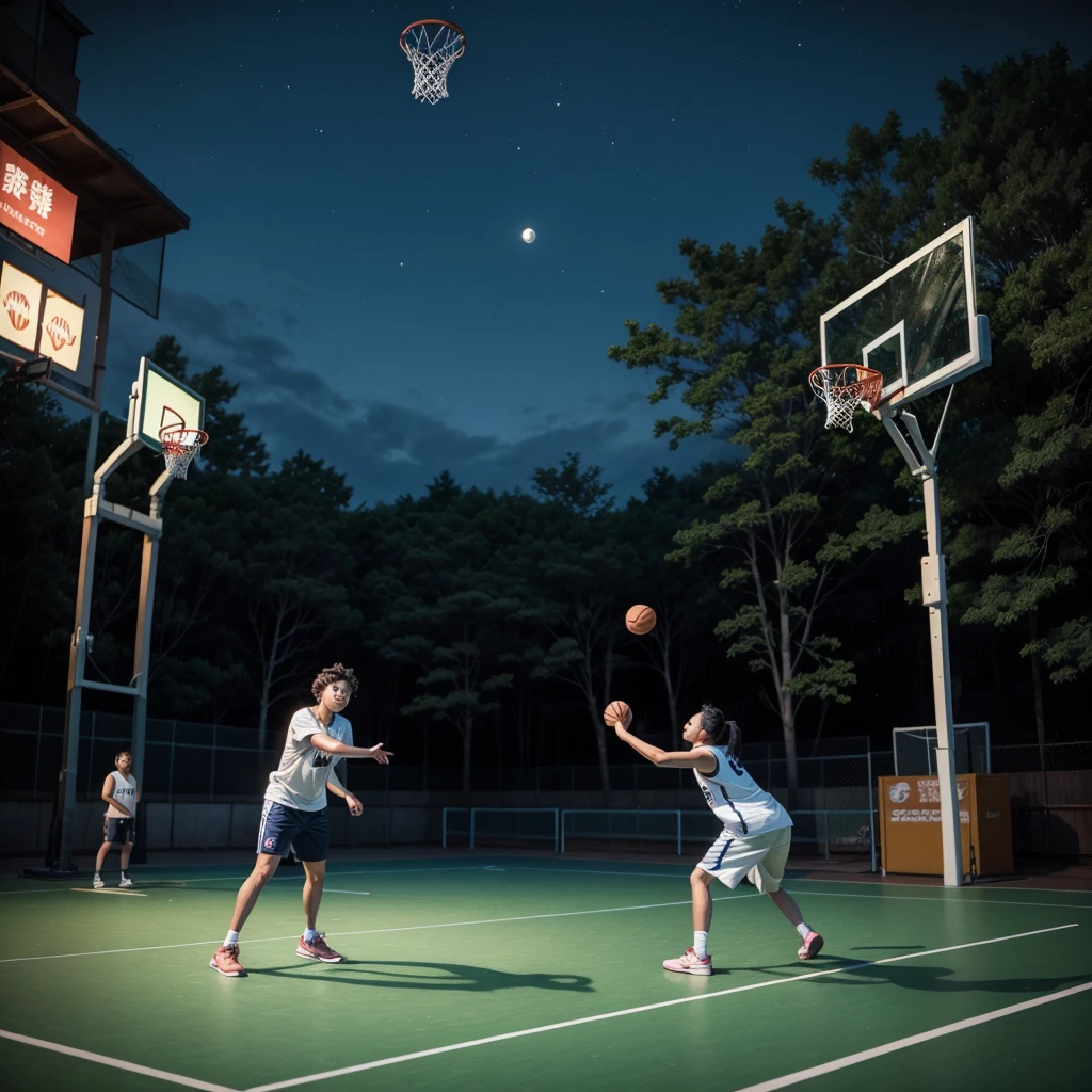 Tanuki playing basketball on a court at night 
