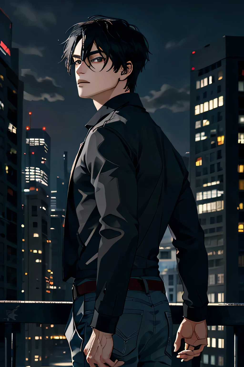 1 person,masterpiece,Best quality, ultra high resolution, twilight,cityscape,depth of field, short black tousled hair, just bad