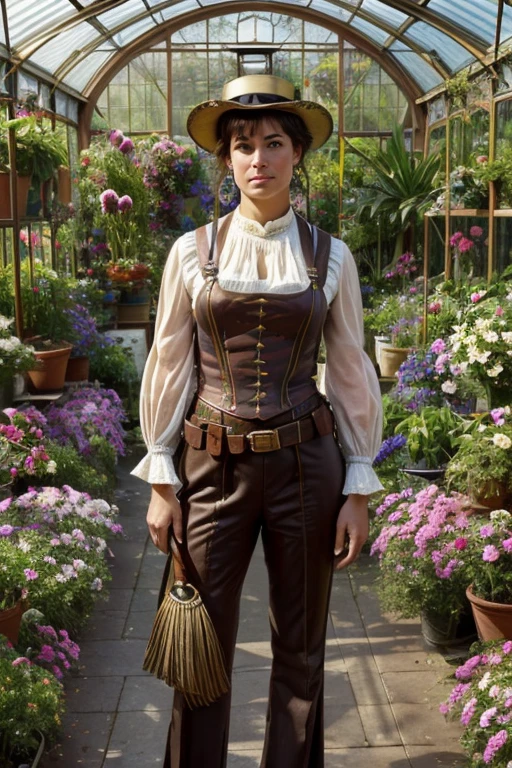 Watercolor Painting, (Karla Jaeger in a steampunk adventurer outfit, pith helmet with brass fittings, utility belt with tools, confident pose), (standing by a Victorian greenhouse, exotic plants in large glass enclosures, iron and glass structure, dappled sunlight filtering through), (soft colors, fluid brushstrokes, highly detailed, Steampunk Impressionism, trending on ArtStation), by Mary Cassatt and Childe Hassam and Joaquín Sorolla