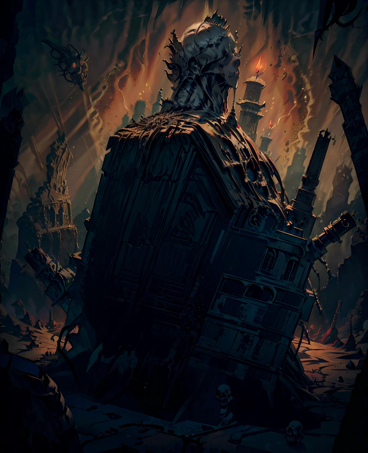 a creepy, dark dungeon, old and decrepit castle, cobwebs, flickering candles, skulls, bones, torture devices, ominous atmosphere, dramatic lighting, moody colors, grungy textures, cinematic composition, horror genre, dark fantasy, masterpiece, best quality, 8k, photorealistic