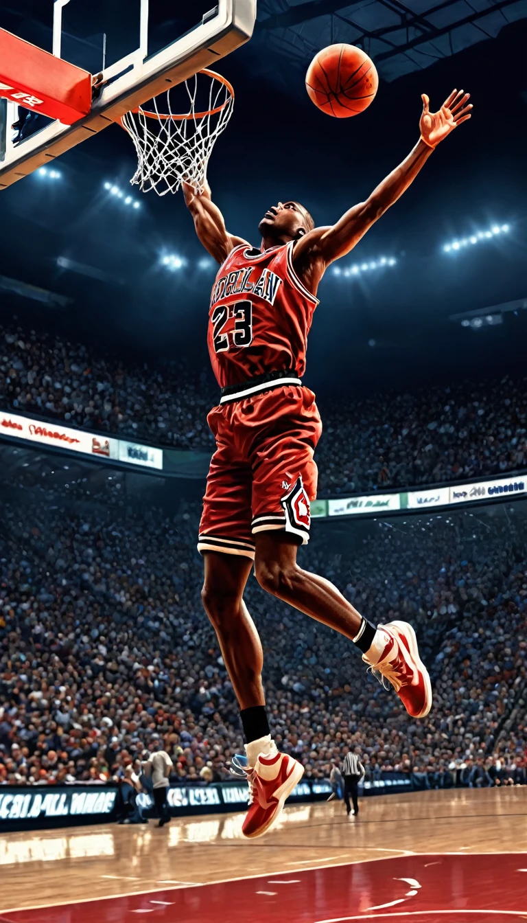 Game-Winning Dunk,picture of basketball player jumping up and dunking, digital painting inspired by Jordan · Grimmer, tonal separation, 1 greatest digital painting of all time,