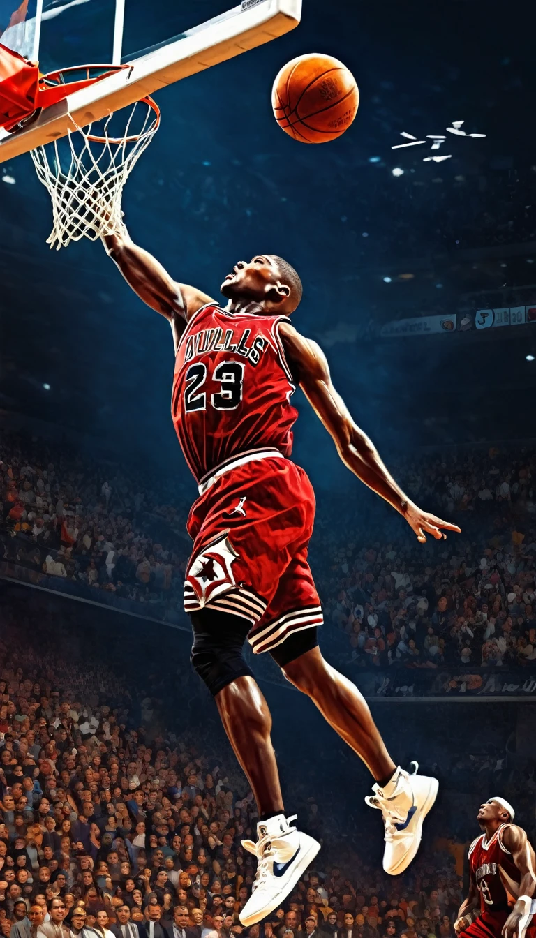 Game-Winning Dunk,picture of basketball player jumping up and dunking, digital painting inspired by Jordan · Grimmer, tonal separation, 1 greatest digital painting of all time,