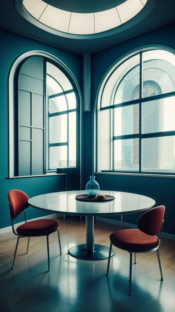 there is a room with a round table and chairs in it, 70s interior with arched windows, futuristic setting, retro futuristic apartment, 80s interior with arched windows, brutalist futuristic interior, 3 d render beeple, retro futuristic style, inspired by Filip Hodas, in the art style of filip hodas