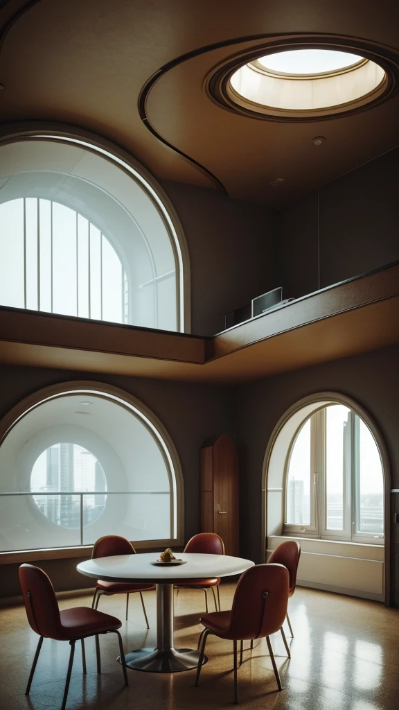 there is a room with a round table and chairs in it, 70s interior with arched windows, futuristic setting, retro futuristic apartment, 80s interior with arched windows, brutalist futuristic interior, 3 d render beeple, retro futuristic style, inspired by Filip Hodas, in the art style of filip hodas