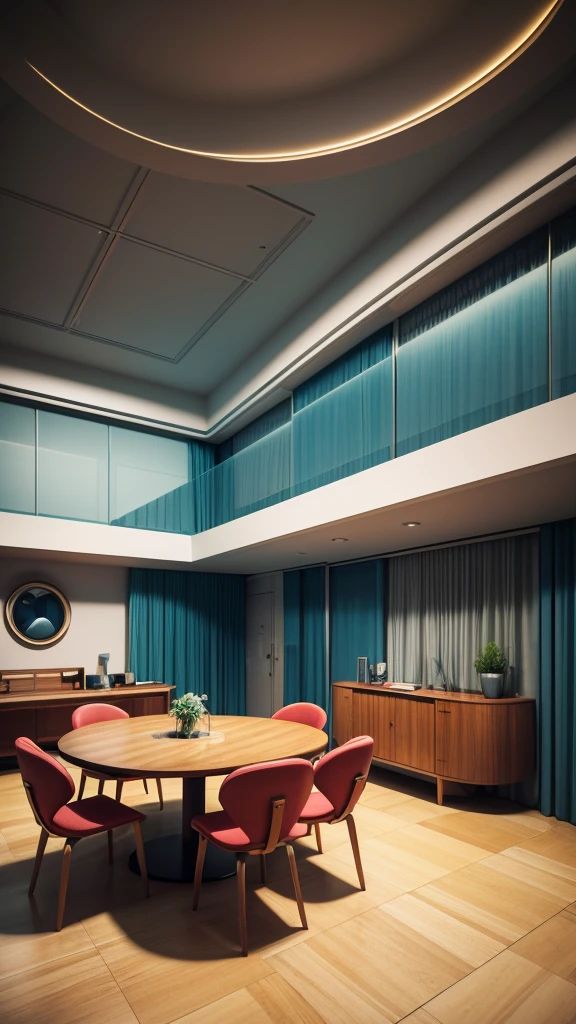 there is a room with a round table and chairs in it, a 3D render inspired by Filip Hodas, unsplash contest winner, retrofuturism, 70s interior with arched windows, futuristic setting, retro futuristic apartment, 80s interior with arched windows, brutalist futuristic interior, 3 d render beeple, retro futuristic style