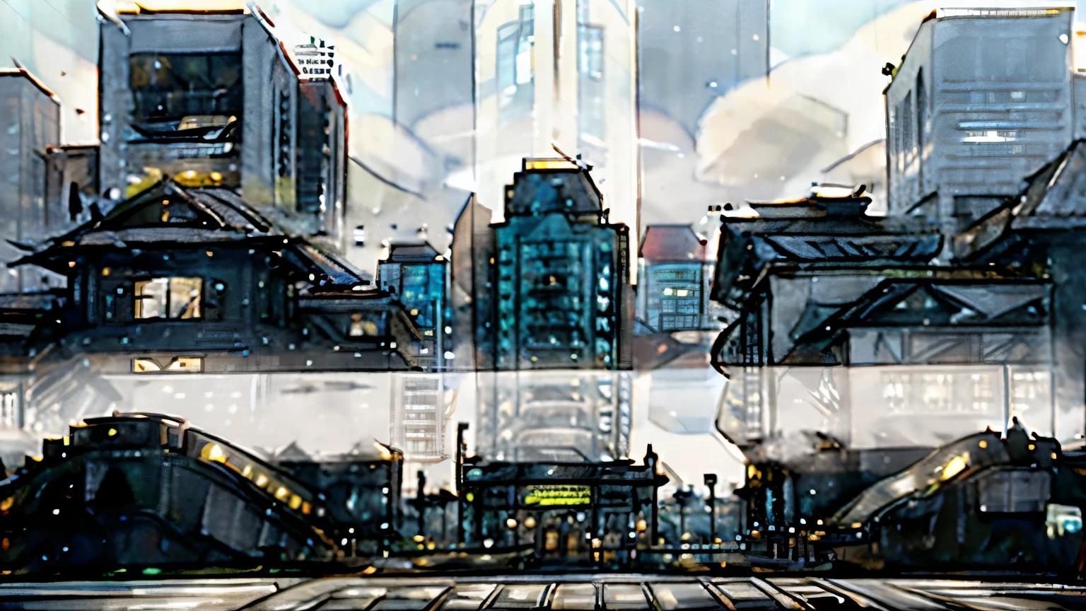 Draw a scene from a futuristic world where different fortified condominiums stand out in an urban environment. Each condominium is protected by sturdy walls and surveillance towers, reflecting varied architectural styles. En el centro de la imagen, visualize a technologically advanced command center, with holographic screens displaying strategic maps and resource indicators such as wood, stone and iron. In the sky, Reconnaissance drones fly overhead while mechanical units patrol the streets. Capture the atmosphere of a modern, militarized city, ready for conquest strategies in "Condominium Conquerors"