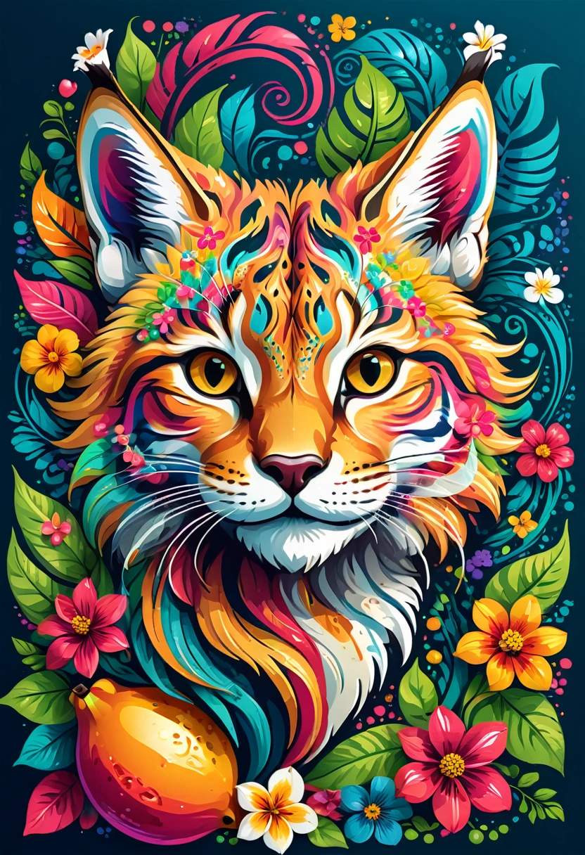  arte vetorial para  t shirt design, of a colorful illustration of a little smiling lynx, At the center, swirly vibrant colors, flowers, fruits, high détail,hawaii backdrop, t shirt design.
(work of art, UHD quality, details in 16k, proffesional, perfect composition, very aesthetic, absurdrez, super verbose, details Intricate:1.3)