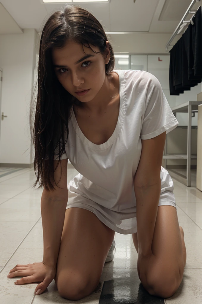 young russian model arafed woman mopping washing empty public school floor, kneeling on the floor with a black object in her hand, dressed in a white t shirt, wearing a white hospital gown, stood in a lab, at the hospital in patient gown, wet shirt, clothed in white shirt, 2 4  old female model, in white clothes, close body shot, wearing a wet white short dress
