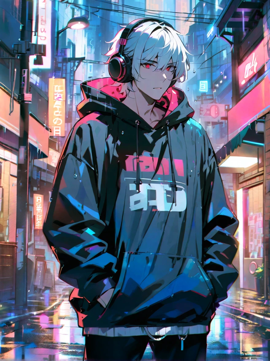 masterpiece,One Man,alone,Black hoodie,Headphones, street,Outdoor,rain,Neon Light,white hair,eyes red