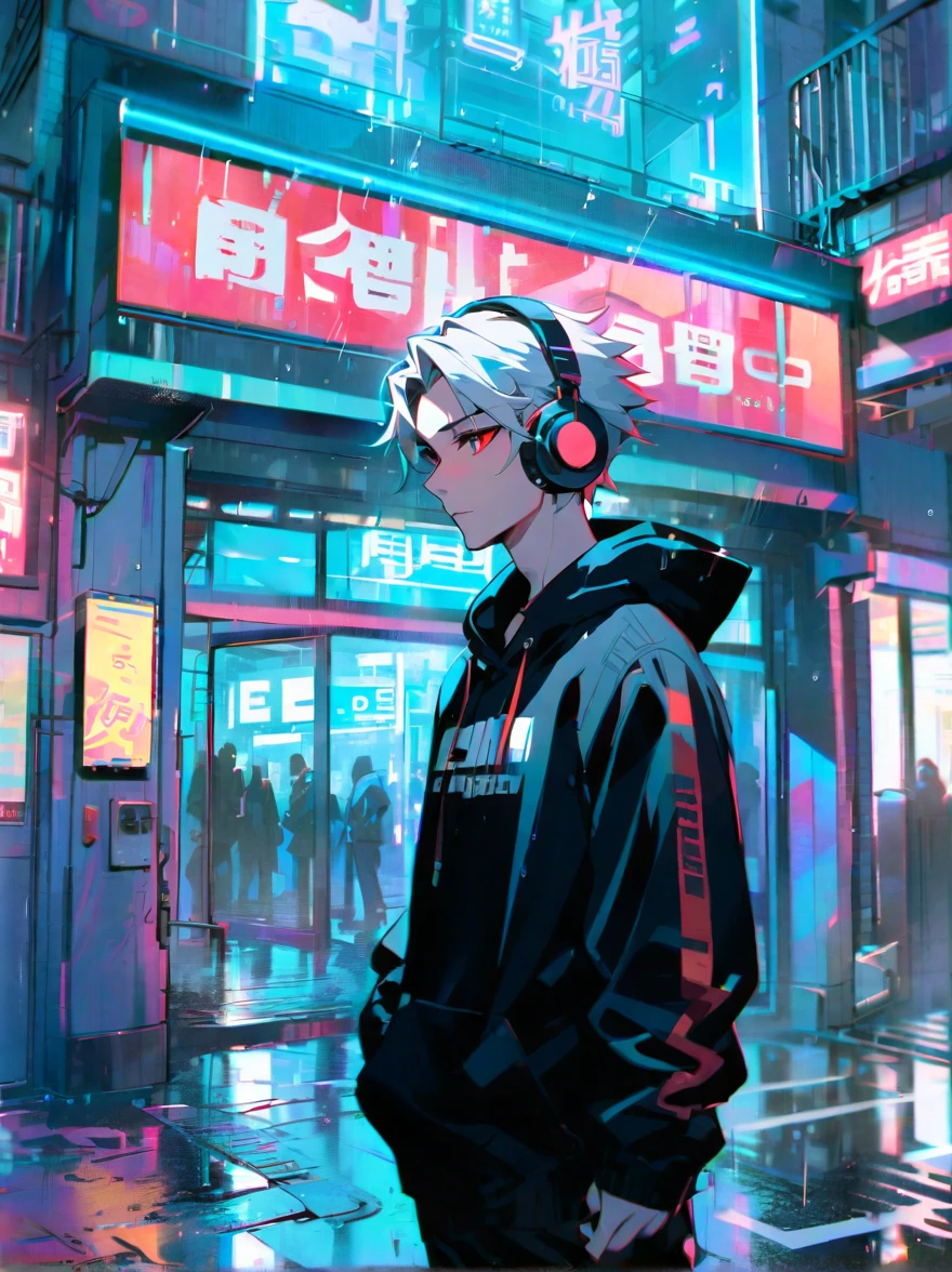 masterpiece,One Man,alone,Black hoodie,Headphones, street,Outdoor,rain,Neon Light,white hair,eyes red