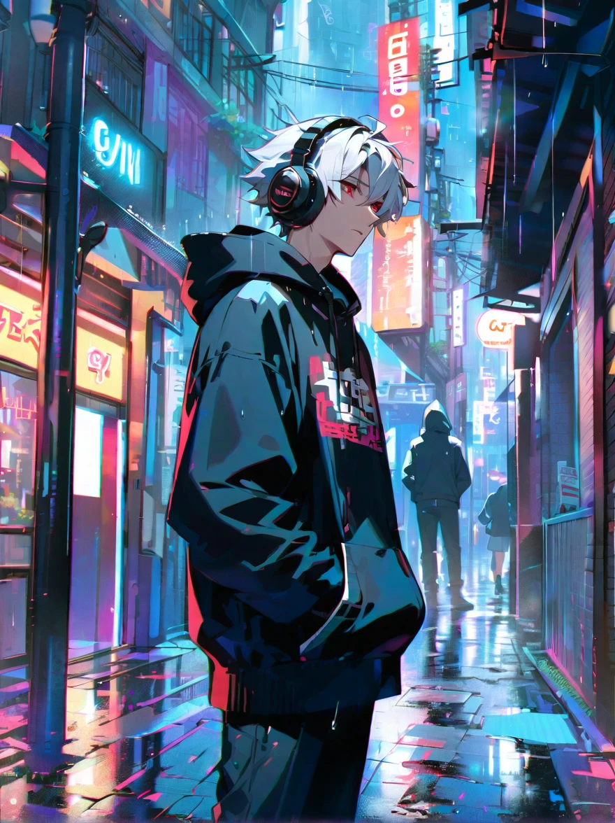 masterpiece,One Man,alone,Black hoodie,Headphones, street,Outdoor,rain,Neon Light,white hair,eyes red
