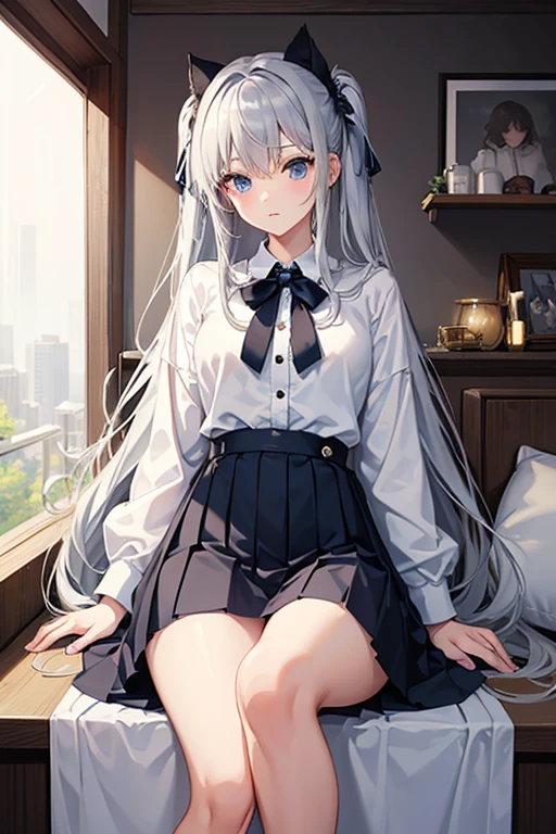 masterpiece, Highest quality, High resolution，Follow the on-screen instructions、Anime Style、Follow the prompts、One Girl、Long silver hair、、Unbutton all the clotheini skirt、