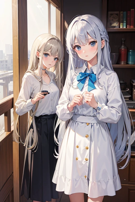 masterpiece, Highest quality, High resolution，Follow the on-screen instructions、Anime Style、Follow the prompts、One Girl、Long silver hair、、Unbutton all the clotheini skirt、