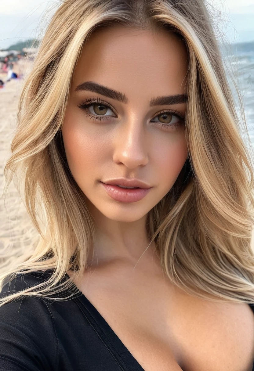 A 23 year old blonde woman, ((tetas grandes)), ((hyperrealism)) ,. blonde hair with light brown roots. blonde hair, Hair with brown roots, very long hair, belle, front view, Selfie, photo prise avec iPhone, elegant black shirt with escote, Selfie sur la plage, high quality,