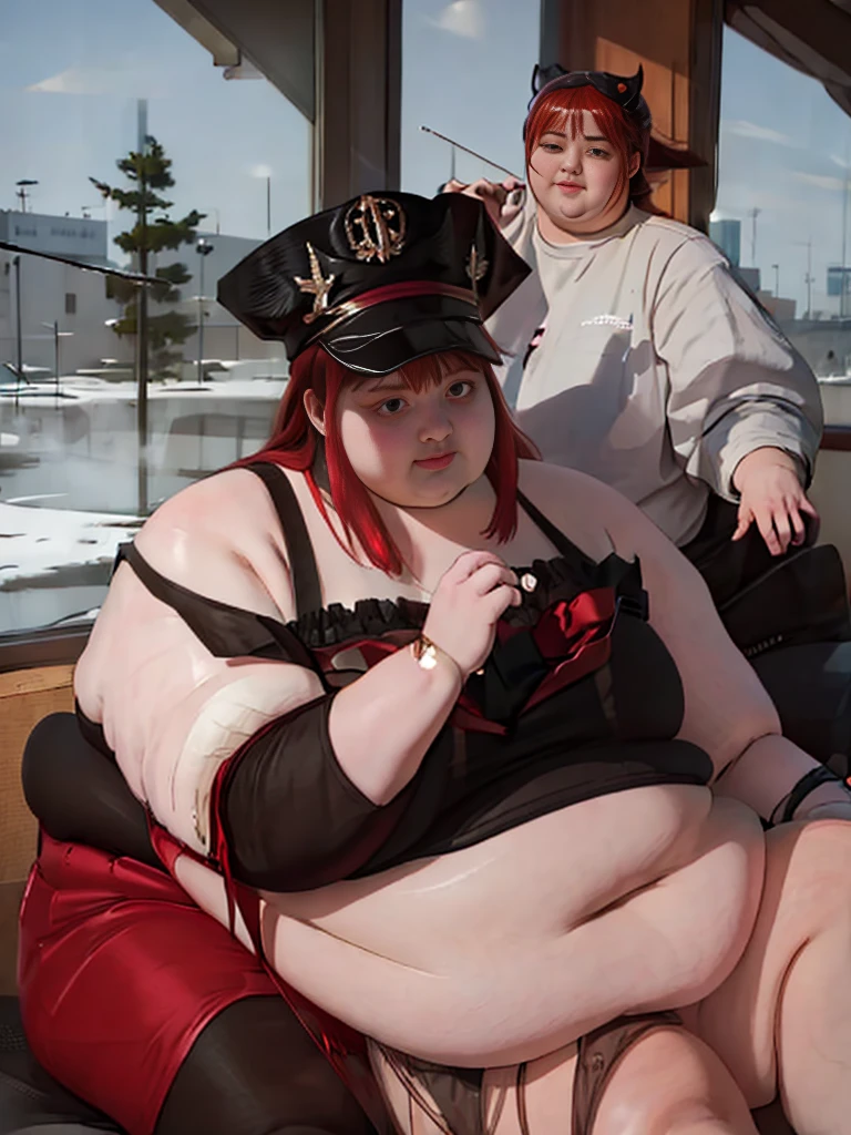 Bbw girl with huge fat chubby soft belly, she's sitting next to a dragon. Pretty face, très détaillée, robe rouge, gros ventre 