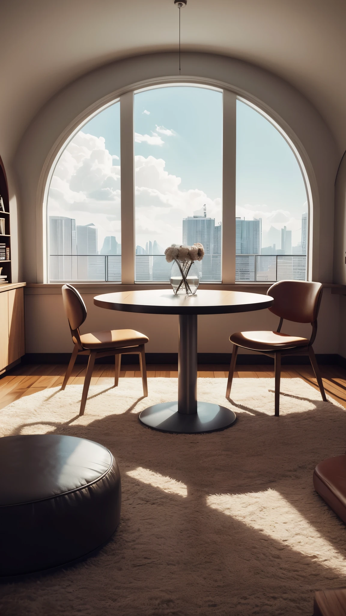 there is a room with a round table and chairs in it, a 3D render inspired by Filip Hodas, unsplash contest winner, retrofuturism, 70s interior with arched windows, futuristic setting, retro futuristic apartment, 80s interior with arched windows, brutalist futuristic interior, 3 d render beeple, retro futuristic style
