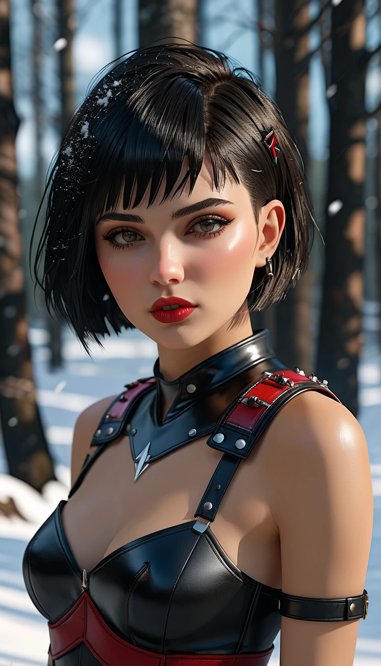 ((Full body photo, standing, feet on the ground)) ((intricate escenario)),((snowy forest background)), (Bright Winter Decorations),high resolution,sharp focus,(ultra detailed,extremely detailed),(photorealistic artwork:1.37),(extremely detailed CG unity 8k wallpaper),(((vibrant colors,vibrant theme))),(intricate),(Masterpiece),(Best Quality),Artistic photography,(Photograph taken by SLDR),(fondo intricate),perfect rendered face,perfect face details,realistic face,realistic photo,((detalle intricate)),(((realism))),, (((Women))), (((Best Quality))), (((Masterpiece))), (((1 girl))), ((( Bob Haircut ))), Uma gladiadora cyberpunk Women de 25 anos com corpo perfeito, Shoulder pads with metal spikes., Brooklyn Gladiators, (( Bob Haircut )), tiny leather panties, torn rugby time t-shirt, almost naked with Simon Bisley&#39;s wild urban style for the cover of Heavy Metal magazine, Short blonde hair, Minimal clothing, Protección metálica en el brazo izquierdo con gráficos intricates.., dark orange with white stars and white checkerboard pattern, navy blue and copper, armor, full of spikes and rivets, (((from the knee up))), short white blonde hair, no fundo uma parede pintada por Shepard Fairey com um design intricate, 32k