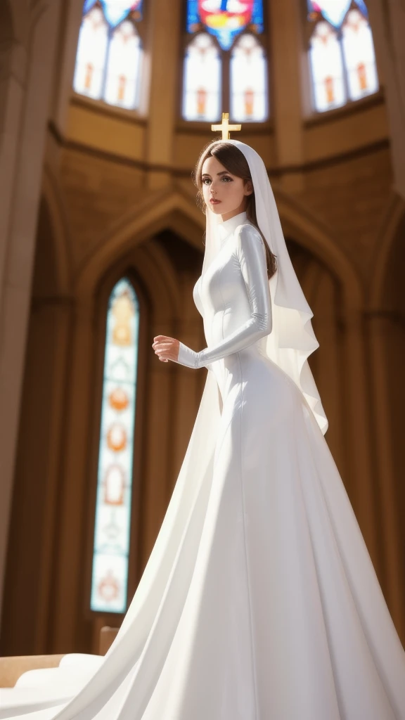 beautiful woman wearing long latex white dress in the church