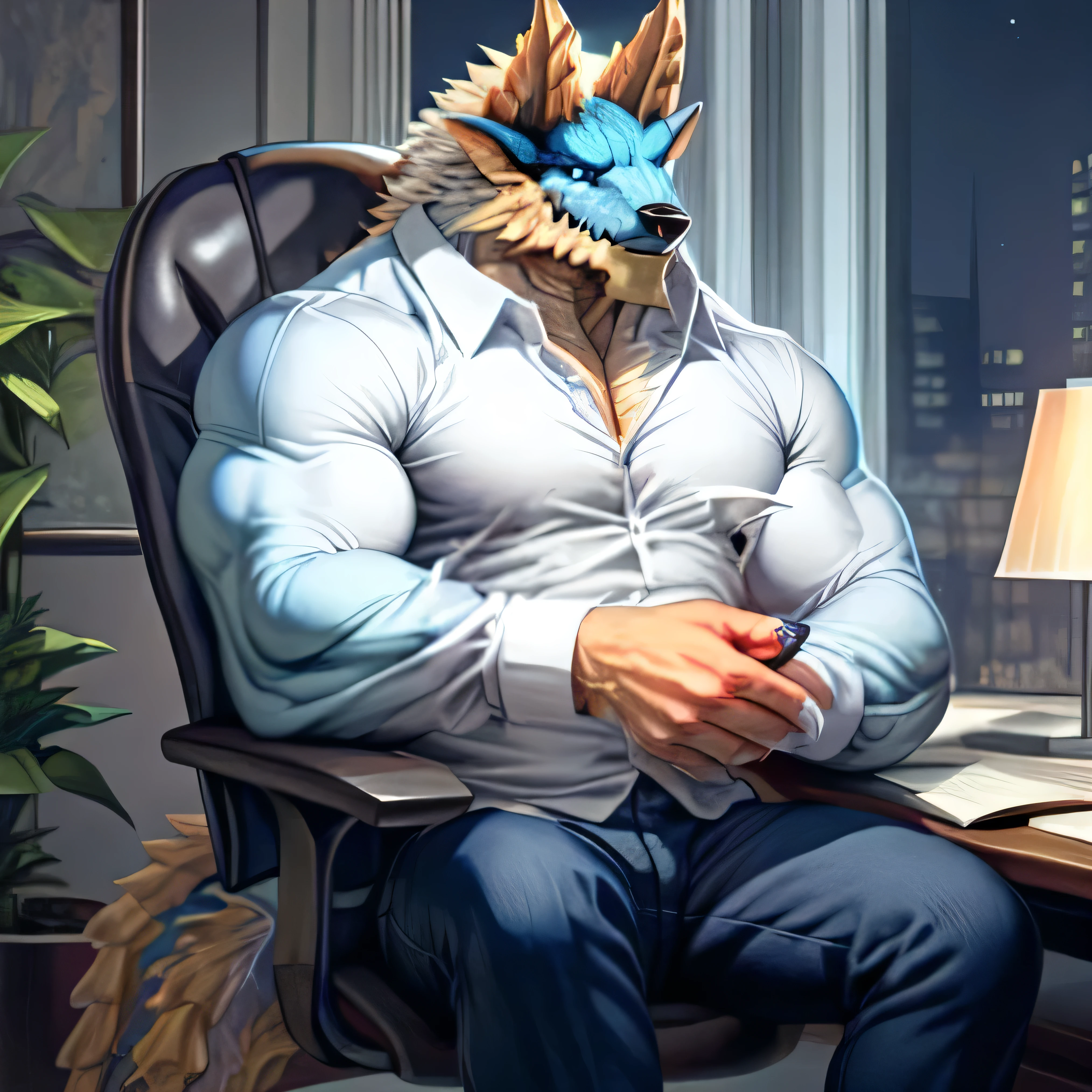 anthropology,(zinogre:1.2),Tail,((whole body,blue eyes, Blue body, White furry, Yellow Hand, Feet, Blue face,4 toes,Tail )),((trumpet)),muscular, office, annoyed, Worry, Chair, , White shirt, programmer, Pants, Long sleeve, night,DARK whole body, (author：null-ghost,From raccoon21,masterpiece,high quality),
