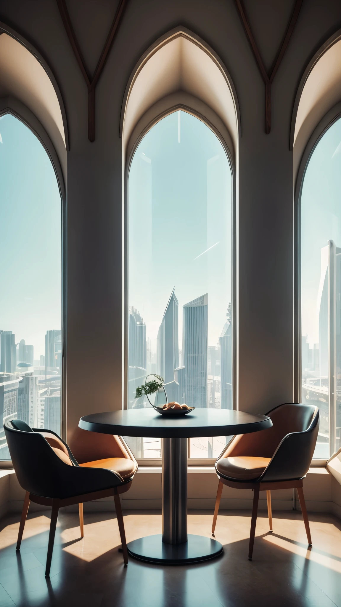 there is a room with a round table and chairs in it, a 3D render inspired by Filip Hodas, unsplash contest winner, retrofuturism, 70s interior with arched windows, futuristic setting, retro futuristic apartment, 80s interior with arched windows, brutalist futuristic interior, 3 d render beeple, retro futuristic style