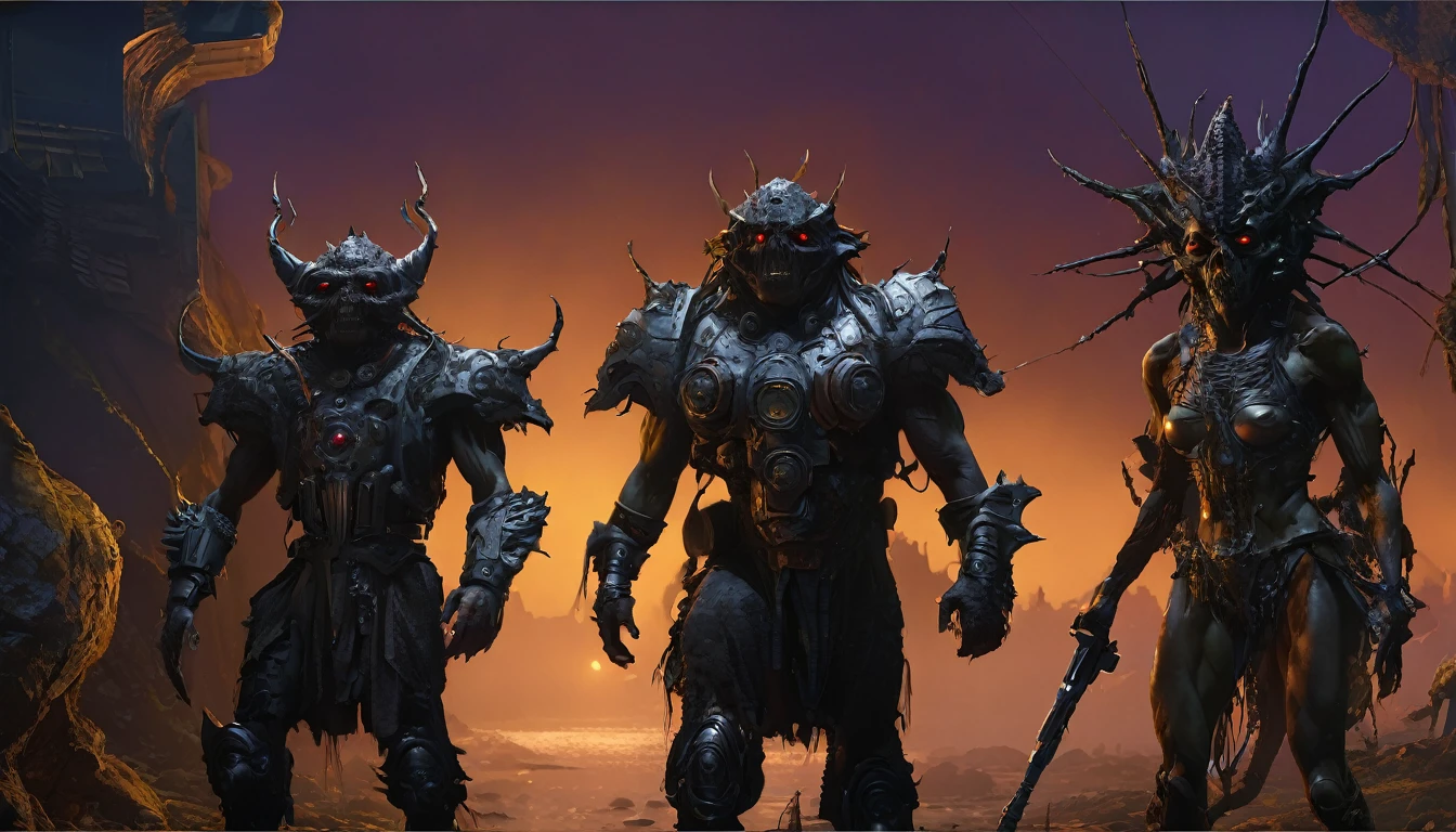 in (medium full shot:3.1) of lot of characters from a movie for slave girls from beyond infinity, inspired by Clyde Caldwell, futuristic apocalypse, stalenhag, metal album cover, gwar, heavy metal band promo, wayne barlowe pierre pellegrini, (with Creepy, Sci-Fi, Fantasy and Horror:2.9) retro sci fi, Horror movie, very detailed body, moody, epic, shot on Kodak Vision3, (intricate details:2.4), (hyperdetailed:3.1), (8k resolution:3.1), (high detailed:4.1), lot of detailed, high quality, soft (cinematic:3.3) light, dramatic atmosphere, atmospheric pespective, (impactful art:2.8), rich colors, (3D rendering:3.1)