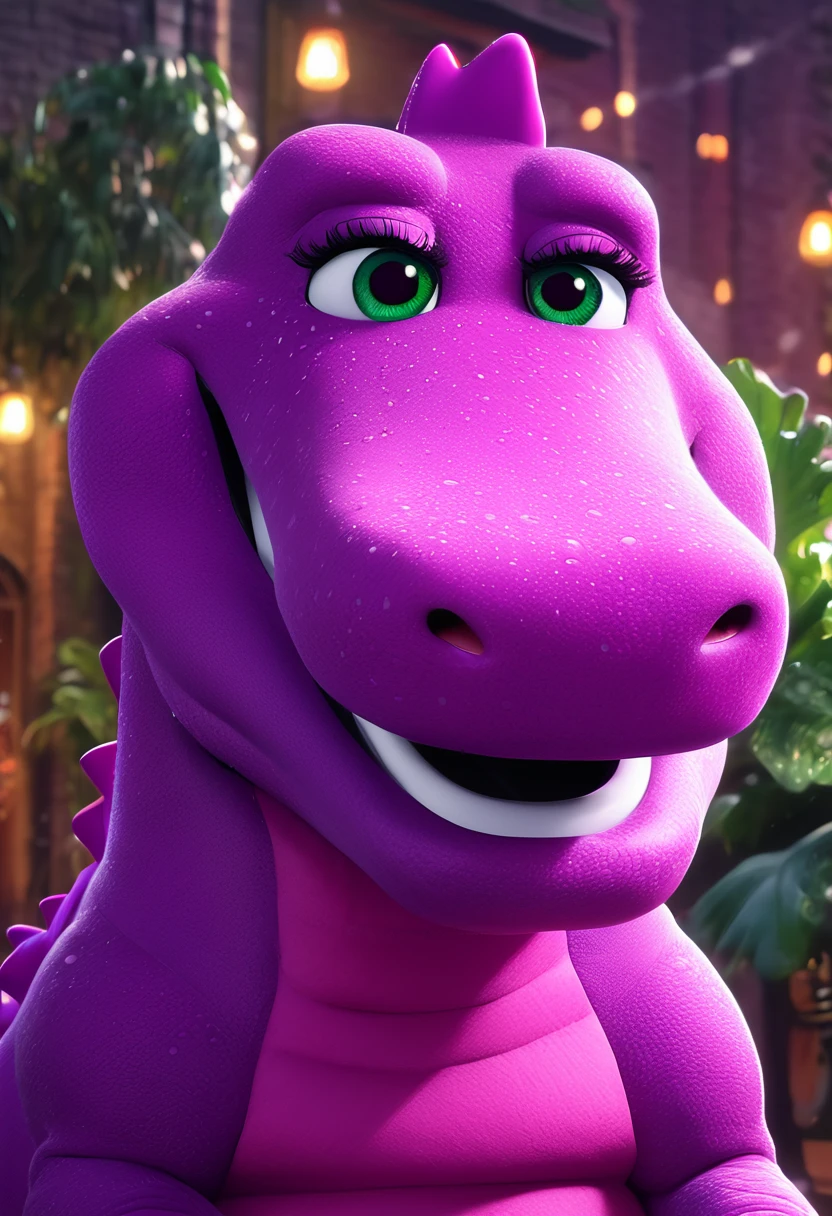 Barney the purple dinosaur, muscle, 1 girl, beautiful detailed eyes, beautiful detailed lips, extremely detailed face, long eyelashes, cute expression, playful, (best quality, 4k, 8k, highres, masterpiece:1.2), ultra-detailed, (realistic, photorealistic, photo-realistic:1.37), dynamic lighting, fantasy, cinematic, vibrant colors, magical, surreal, dreamlike, whimsical