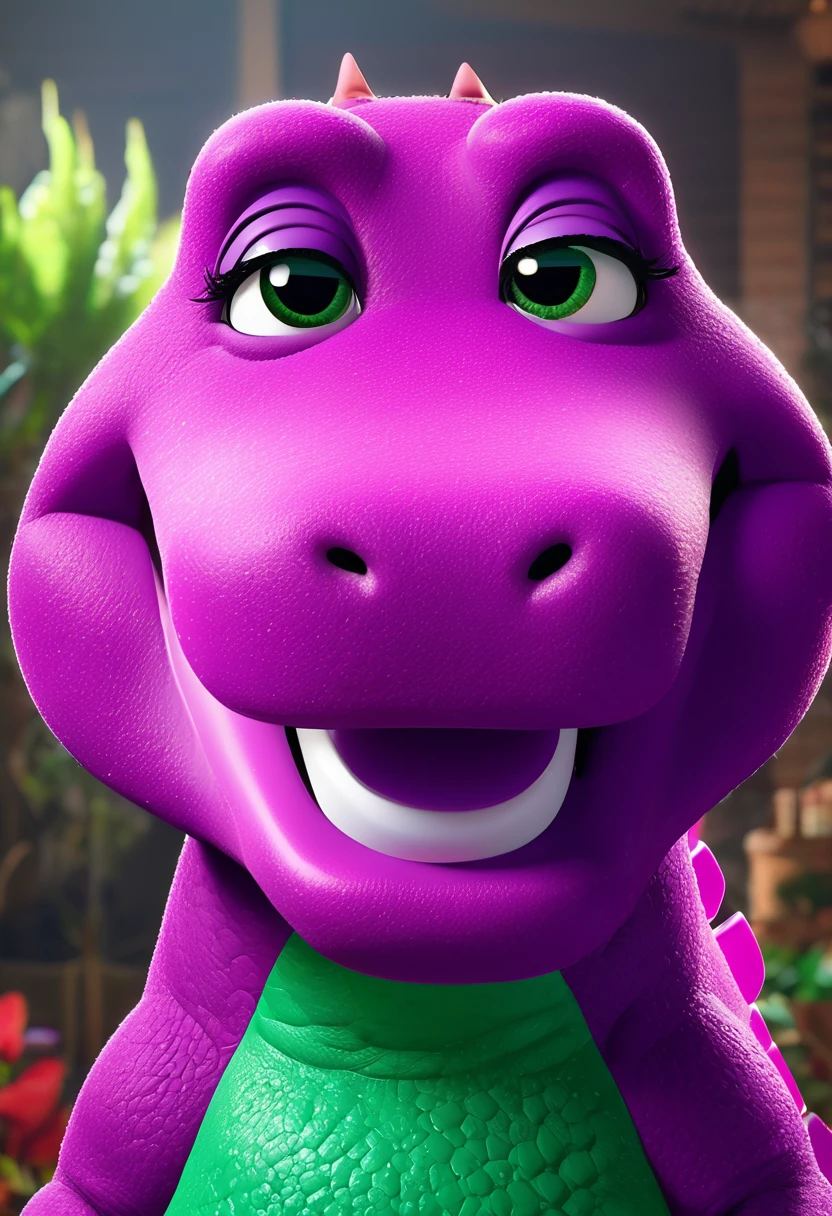 Barney the purple dinosaur, muscle, 1 girl, beautiful detailed eyes, beautiful detailed lips, extremely detailed face, long eyelashes, cute expression, playful, (best quality, 4k, 8k, highres, masterpiece:1.2), ultra-detailed, (realistic, photorealistic, photo-realistic:1.37), dynamic lighting, fantasy, cinematic, vibrant colors, magical, surreal, dreamlike, whimsical