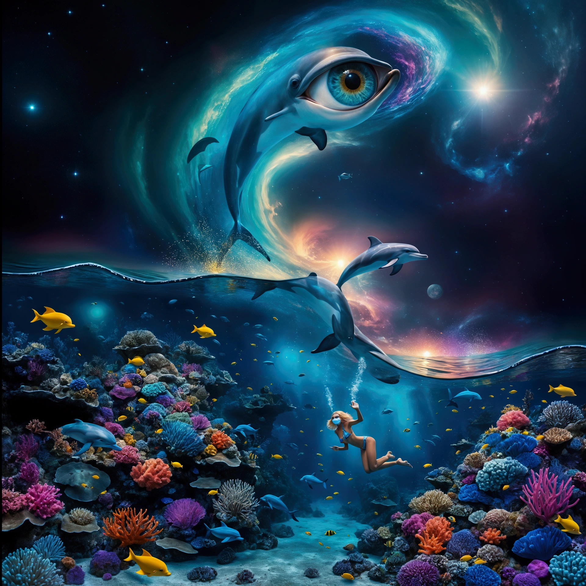 at night, Surreal, fantasy-style digital artwork featuring an underwater scene with vibrant coral reefs and various colorful fish. The layout is divided into two main sections: the underwater world and the sky above. In the underwater section, there are two large, human-like faces detailed made of coral and sea life, with intricate details and vivid colors. (A blonde woman in a bikini detailed with fins, mask and snorkel, surrounded by small bioluminescent creatures dancing around her, leaving trails of light.). Above the water, Starry sky: (A sky with a swirling galaxy evolving into a giant blue eye detailed ), embedded in a starry sky adorned with nebulae and cosmic dust. (A dolphin leaps out of the water towards a glowing moon, enhancing the dreamlike atmosphere). The overall composition is rich in detail and color, creating a captivating and otherworldly visual experience.Shimmering mist: A mist envelops the scene, lending it an ethereal quality. best quality, 8k, masterpiece, hight resolution.