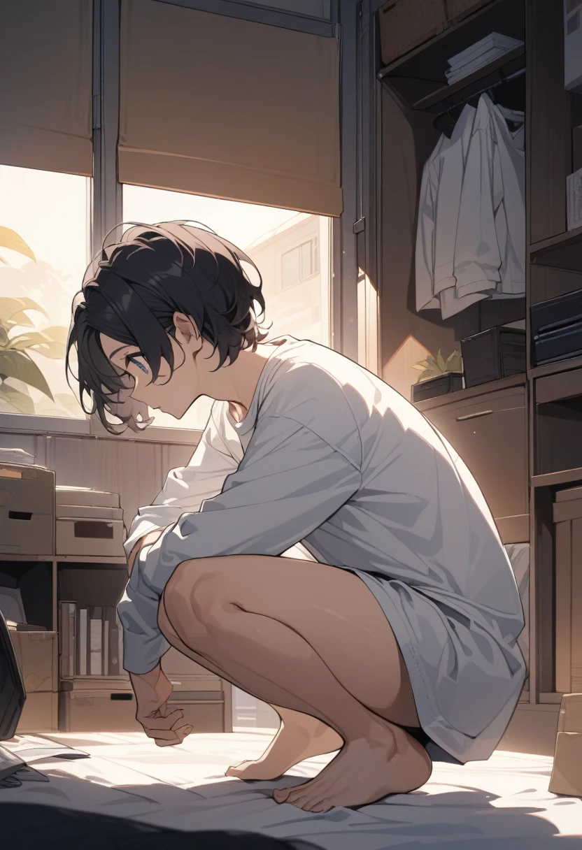 masterpiece, best quality, extremely detailed, ultra detailed, flat anime, 2D,
((1boy)),black hair, (short hair:1.2),blue eyes, height 1.7meters,  (circle eyes:1.2),  (young adult:1.2)
long Sleeves, White T-shirt, barefoot, 
squatting, looking away, expressionless,
summer, 12AM, livingroom,organizing the boxes., I'm looking at the material in my hand.