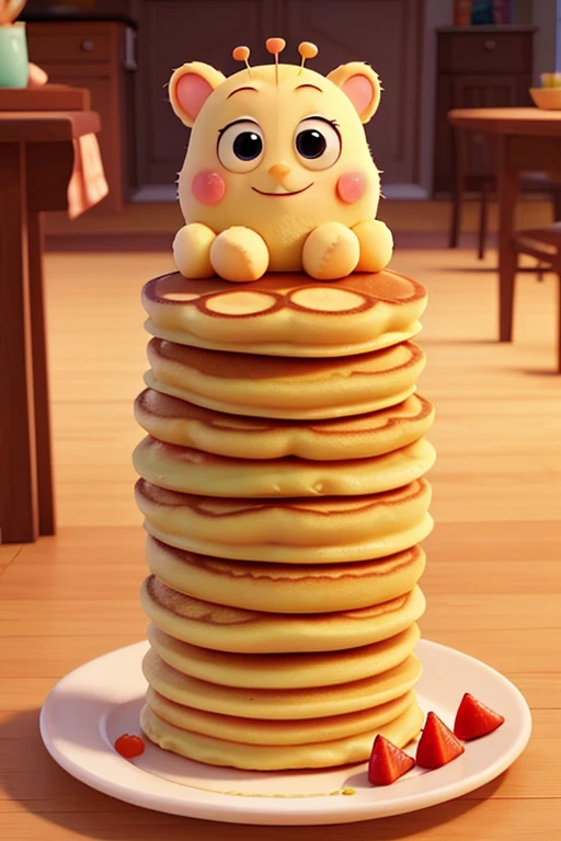 "A tower of fluffy pancakes, neatly stacked, with happy and smiling faces. Each pancake has rosy cheeks and big, bright eyes, made from pieces of fruit. At the top, there's a pancake with a hat of melted butter and a coat of maple syrup. The setting is a magical breakfast, with a rustic wooden table, fresh flowers in the background, and a radiant sun coming through the window."
