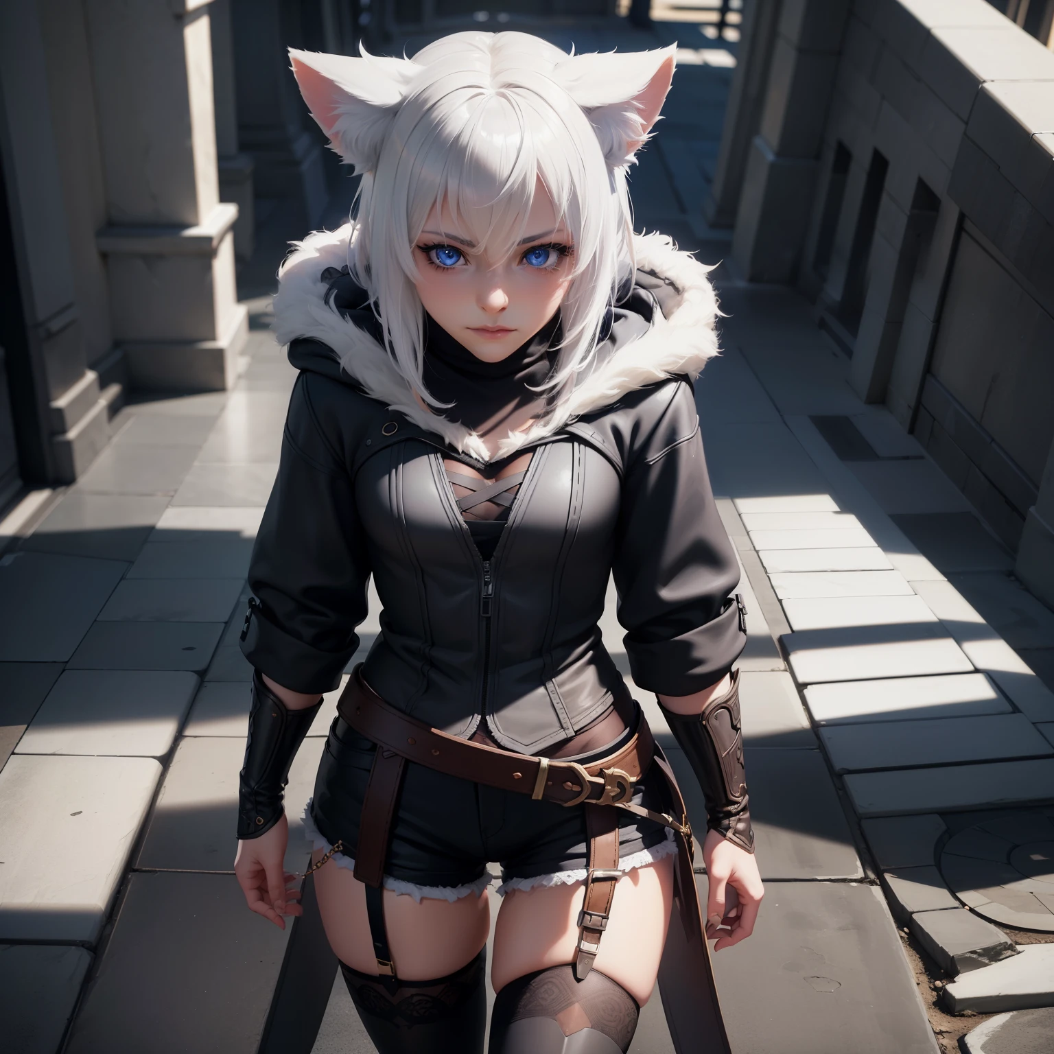 1 girl, character with cat ears, silver hair, short hair, beautiful detailed eyes, beautiful detailed lips, extremely detailed eyes and face, long eyelashes, wearing black hooded outfit, thigh-high stockings, garters, short shorts, (best quality,4k,8k,highres,masterpiece:1.2),ultra-detailed,(realistic,photorealistic,photo-realistic:1.37),concept art, fantasy, cinematic lighting, dramatic shadows You decided to wear a hoodie and covered your body, hiding yourself Rey 