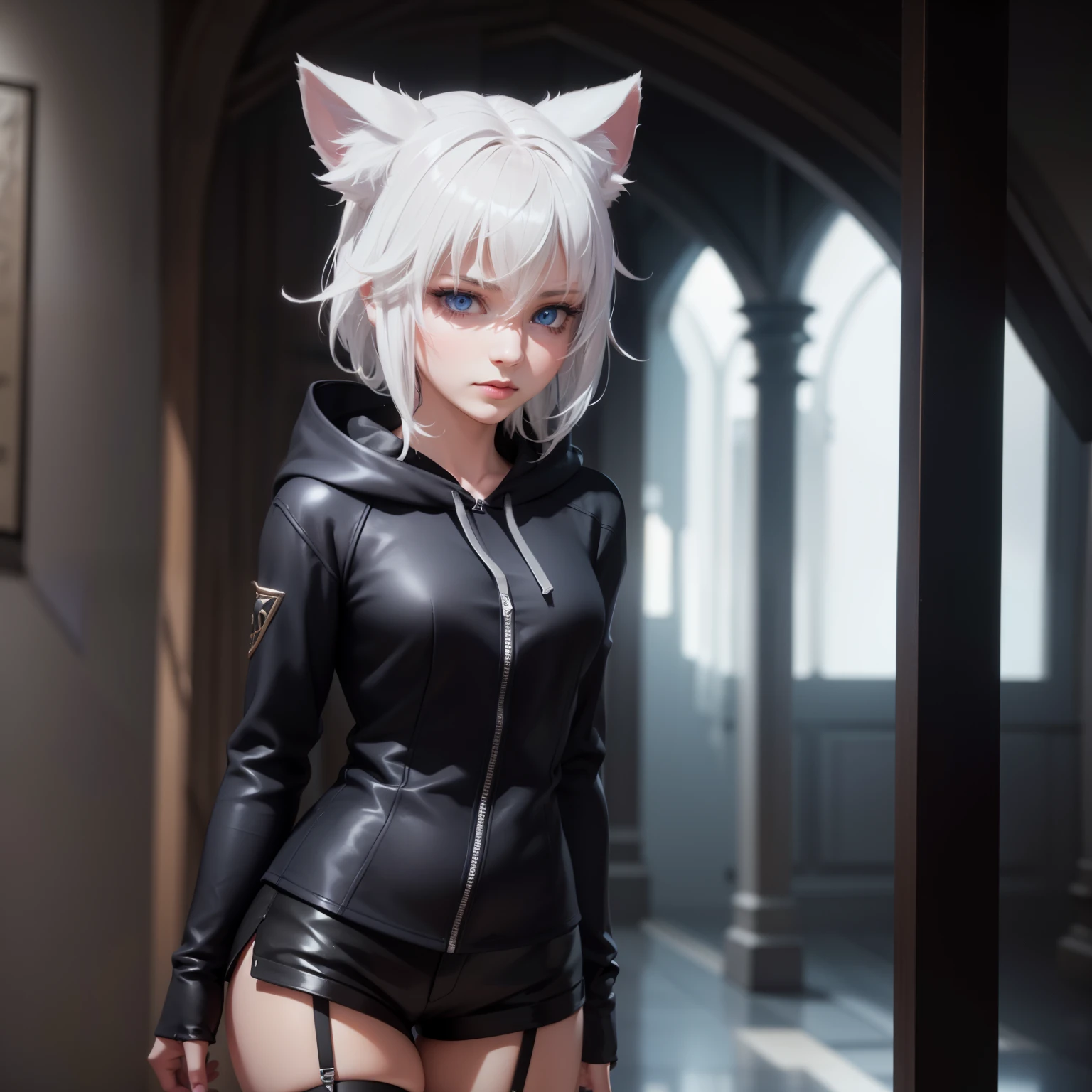 1 girl, character with cat ears, silver hair, short hair, beautiful detailed eyes, beautiful detailed lips, extremely detailed eyes and face, long eyelashes, wearing black hooded outfit, thigh-high stockings, garters, short shorts, (best quality,4k,8k,highres,masterpiece:1.2),ultra-detailed,(realistic,photorealistic,photo-realistic:1.37),concept art, fantasy, cinematic lighting, dramatic shadows You decided to wear a hoodie and covered your body, hiding yourself Rey 