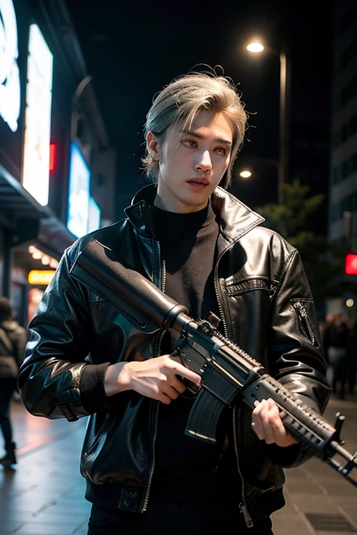 ((best quality)), ((masterpiece)), (detailed), Boy cyberpunk with gray hair holding assault rifle