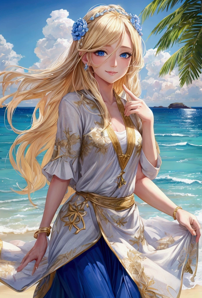 beautfull woman, Blonde hair in the wind, shining blue eyes, realisitic, work of art, highy detailed, 4K, beach background, highy detailed light, small smiling, Caucasian skin