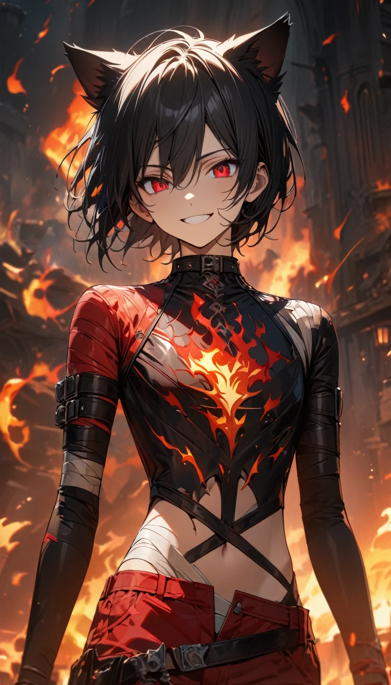 Young boy, short black hair, cat ears, red eyes, red pants, leather bandages, skinny, fire, smile, burns on torso, open torso, Masterpiece, best quality, Full HD, 8k, ultra details, great graphic