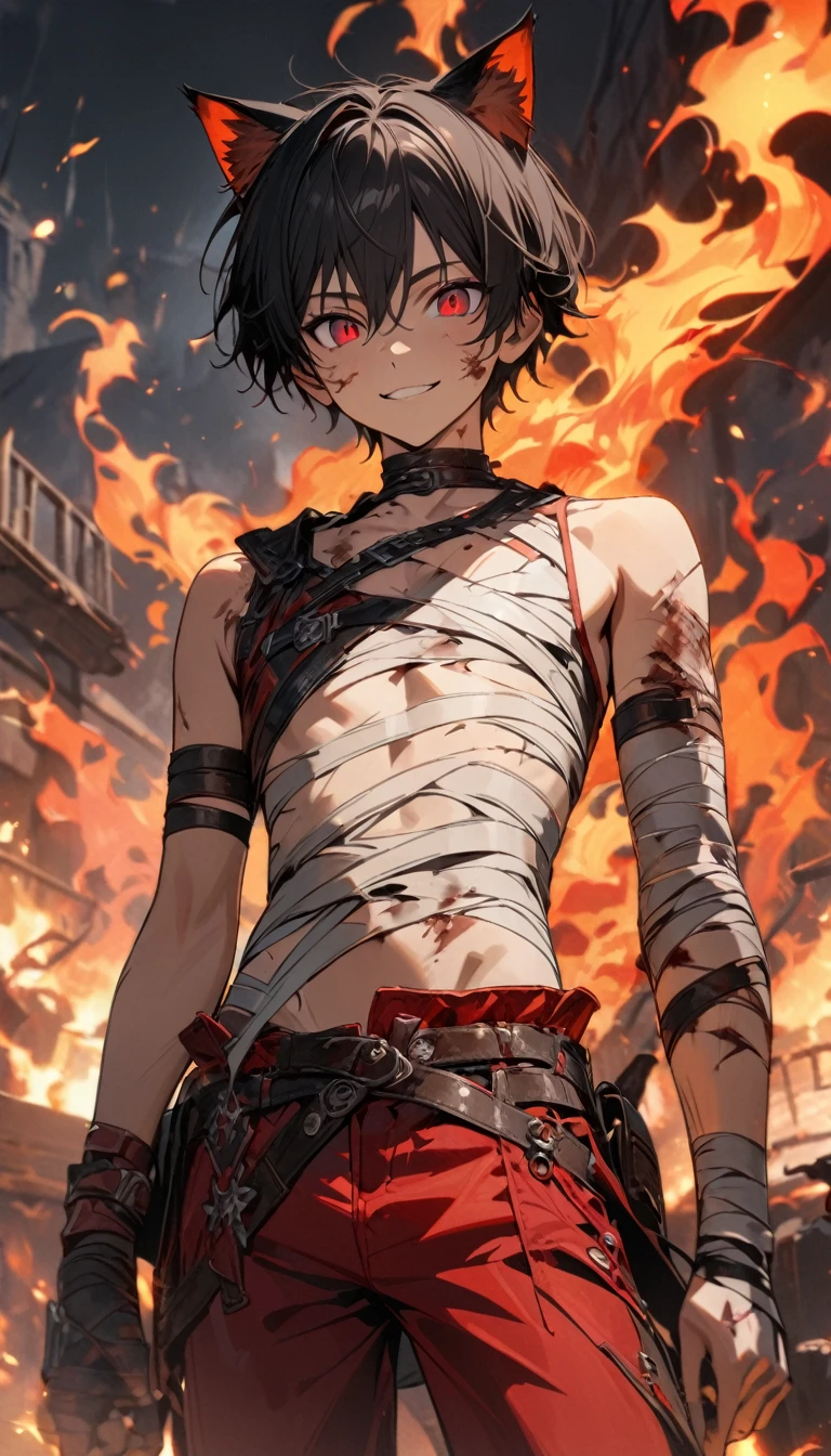 Young boy, short black hair, cat ears, red eyes, red pants, leather bandages, skinny, fire, smile, burns on torso, open torso, Masterpiece, best quality, Full HD, 8k, ultra details, great graphic