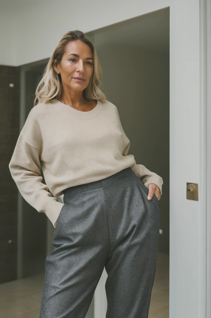 mature woman, 49yo, sweater, French type, blond hair, happy, latex pants, homemade photo, grainy, dark lighting, amateur photo, (Instagram photo), photorealistic photo, highly detailed 8k photo, hyperrealism, Fujifilm X-T3,1/1250sec at f/2.8,ISO 160,84mm, Uplight, wide shot, ideal face template, film grain, distance from camera, RAW Photo, DSLR