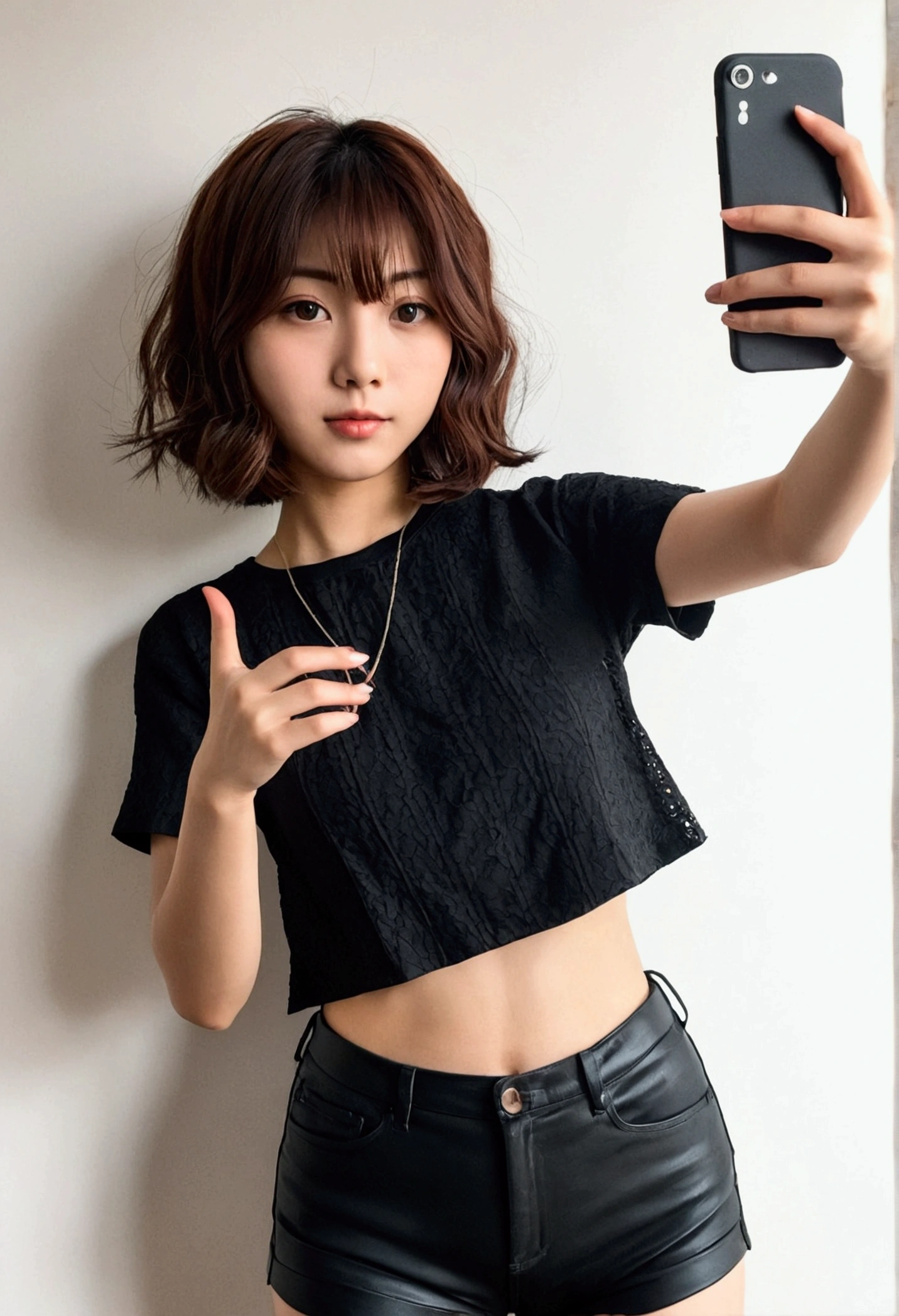 Japanese girl with short wavy hair cut bob taking a selfie in edgy clothes short blouse tight homemade selfie tight shorts 