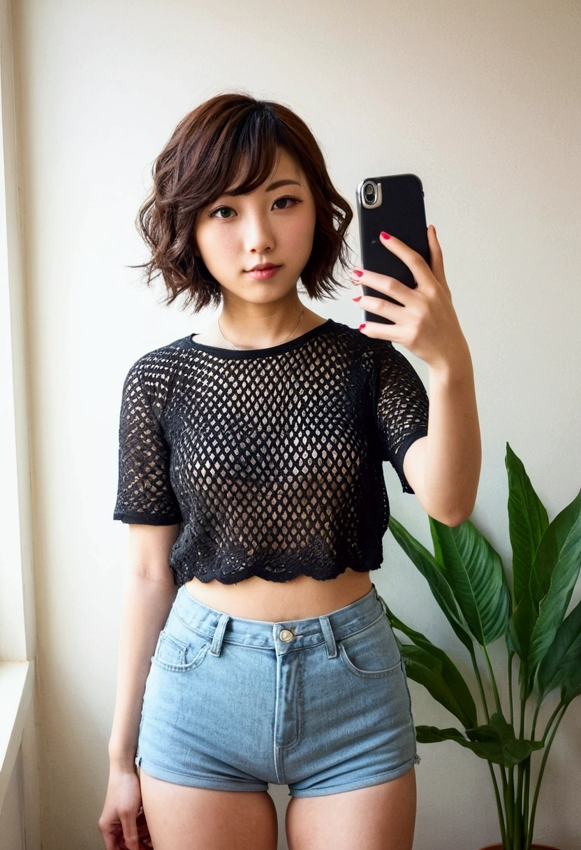 Japanese girl with short wavy hair cut bob taking a selfie in edgy clothes short blouse tight homemade selfie tight shorts
