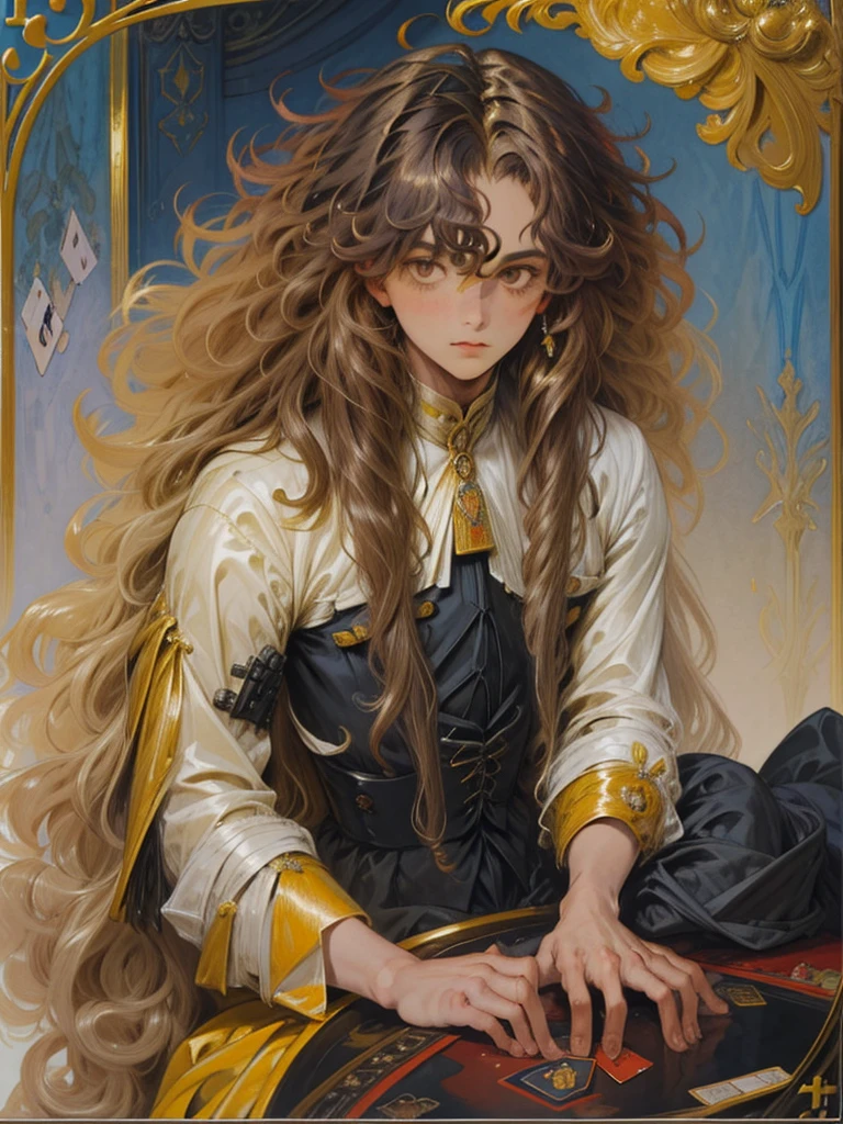 there is a man with long, curly hair sitting at a table, a picture inspired by Antônio Parreiras, instagramart, cards, with long, curly hair, a black man with long, curly hair, Yellow themed wavy hair, about 19 years old, long and messy curly hair, curls on top of the head, caio santos